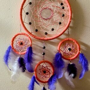 Hand Crafted Coral and Purple Feather Dreamcatcher Wall Tapestry